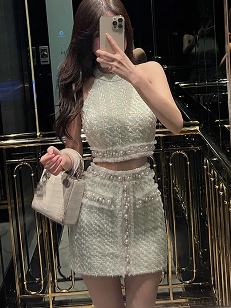 

Fall Small Fragrance Vintage Tweed Two Piece Set Women Luxury Shiny Beads Woolen Crop Mini Skirts Sets Sweet 2 Piece Suits