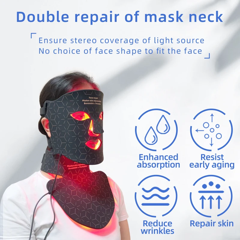 4 Colors Silicone LED Face Mask with Neck LED Red Light Photon Infrared Therapy Flexible Facial Mask Repair Skin Brighten Skin