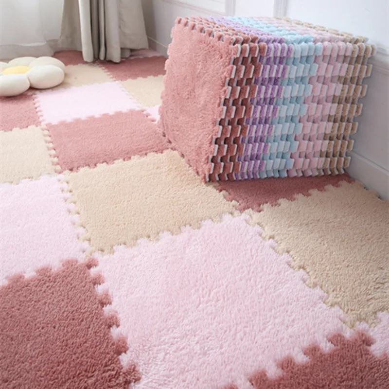 

The Bedroom Is Fully Covered with Girly Square Spliced Suede Floor Mats for Home Washable Cut-out Carpets for Living Room