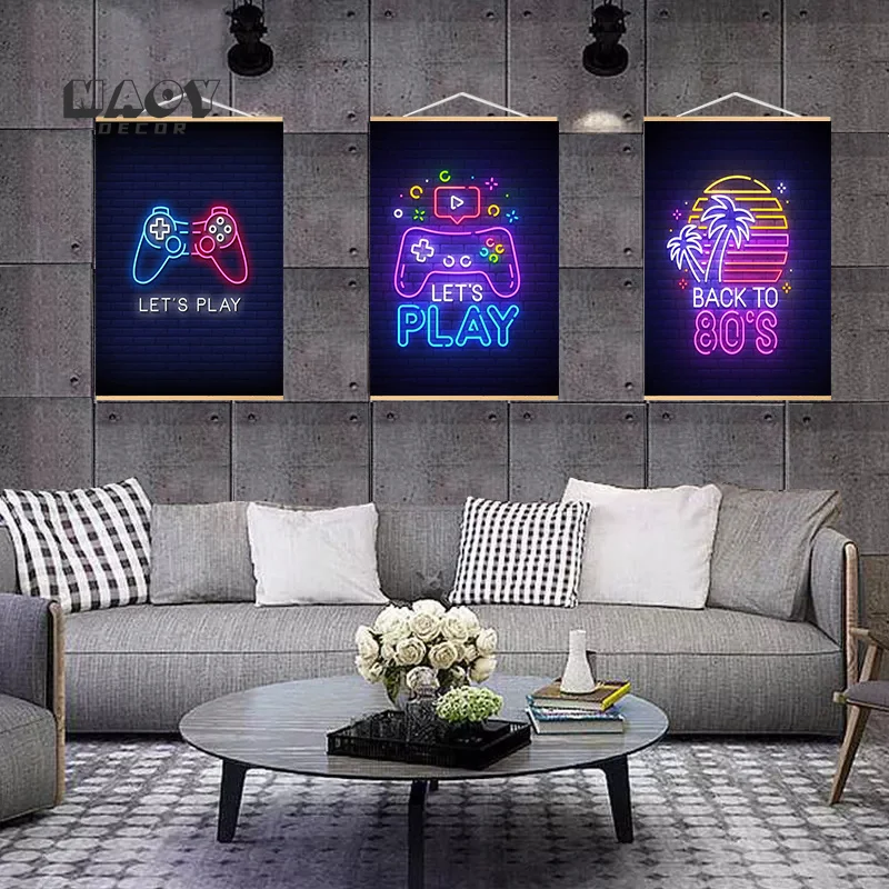 tableau affiches deco murale decoration mural Affiche sur toile imprimée  avec panneau au néon Pro Gamer, peinture murale, décoration artistique,  Console de jeu Vr, décor de pièce de maison, cadeau pour garçons