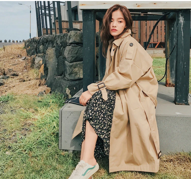 Fashion Brand New Women Trench Coat Long Double-Breasted Belt Blue Khaki Lady Clothes Autumn Spring Outerwear Oversize Quality women's puffer jacket