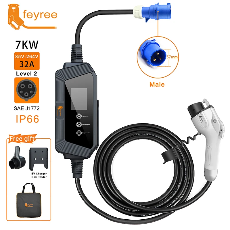 feyree Type1 Portable EV Charger 7KW 32A 1Phase with j1772 Connector Charging holder 5m Cable bag and Charging Box Holder feyree type1 portable ev charger 9 6kw 40a 1 phase j1772 socket with 14 50 plug 5m cable portable bag and charging box holder