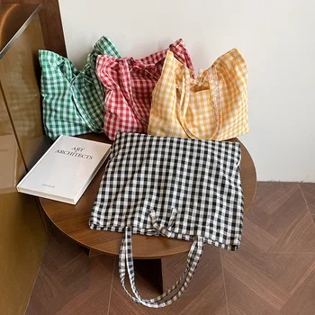 Borse tote alla moda in poliestere a quadri con fiocco, borsa a tracolla leggera con fiocco, borsa shopping di grande capacità per uso quotidiano