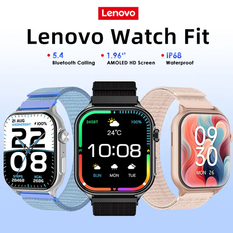 שעון חכם Lenovo 2025New לאנדרואיד ו-IOS דגם Fit F101 מסך AMOLED HD בגודל 1.96 אינץ' עם מד דופק, שיחות בלוטות', עמיד במים