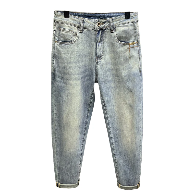 Trendy Korean Style Loose Fashion2024Spring and Summer New Nostalgic Micro-Elastic Washed Denim Cropped Men's Jeans