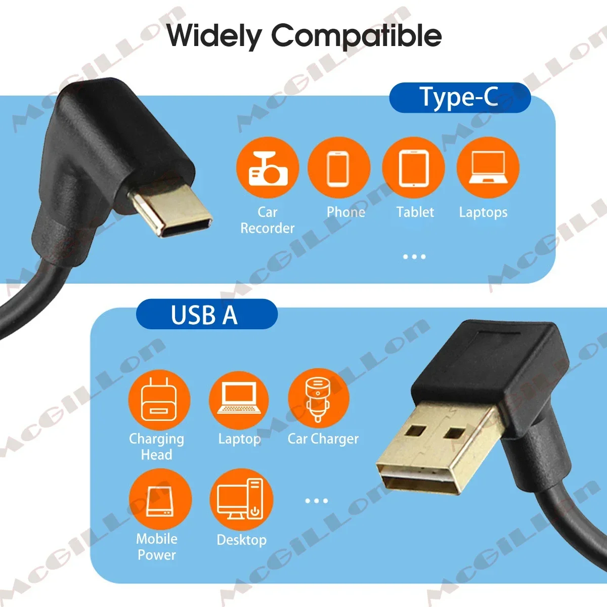 McGiLLon 이중 팔꿈치 USB A-Type-C 데이터 케이블 위아래 왼쪽 및 오른쪽 측면 굽힘 90도 각도 자동차 전화 충전 케이블