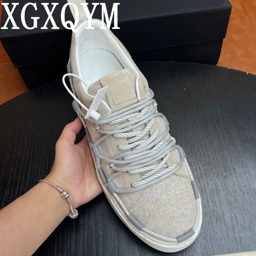 

2023 New Lace Up Flat Sneakers For Men Brand Round Toe Thick Sole Loafers Suede Leather Shoes Autumn Casual Walking Male Shoes