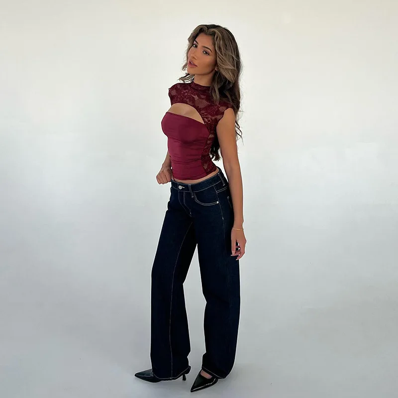 Top sexy con estampado calado Y2k para mujer, jersey transparente ajustado, recortado, con parches en contraste, ropa de calle, camiseta sin mangas para mujer