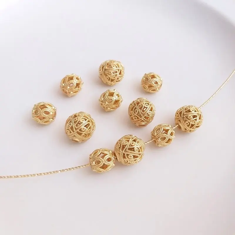 

6PCS 14k Gold Plated Hollow Flower Ball Beads Bracelet Making Charms for Jewelry Making DIY Supplies Handmade Brass Accessories