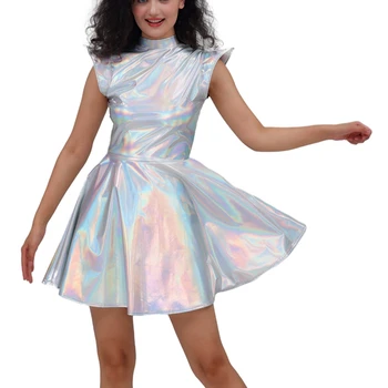 Metallic Women's Shiny Dress Holographic Solid Color Turtleneck Pleated Dress Carnival Costume Gold Silver Rave Dress Outfits 1