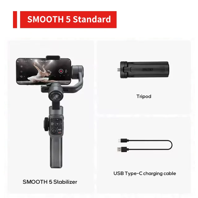 Smooth 5 Phone Gimbal 3-Axis Handheld Smartphone Stabilizer with Grip Tripod, AI