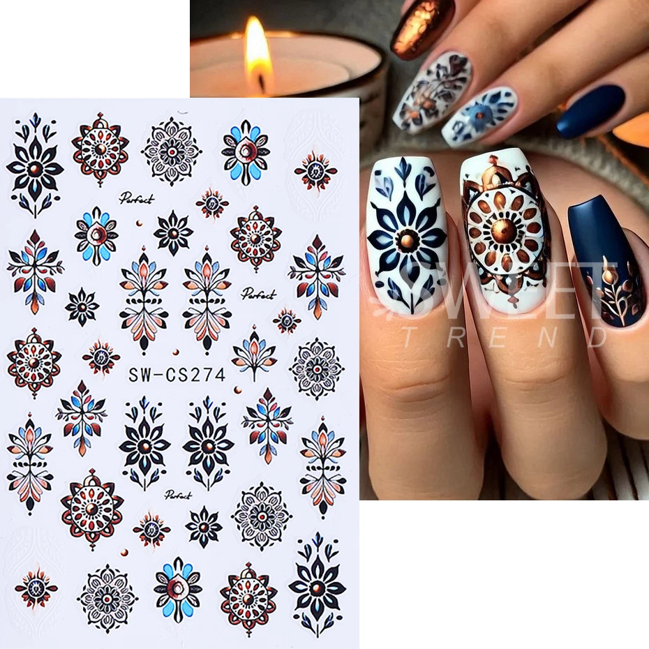 2pcs Bohemian Nail Stickers Black Brown Retro Embroidery Boho Style Flower Design Adhesive Nail Decals DIY Manicure Slider Decor