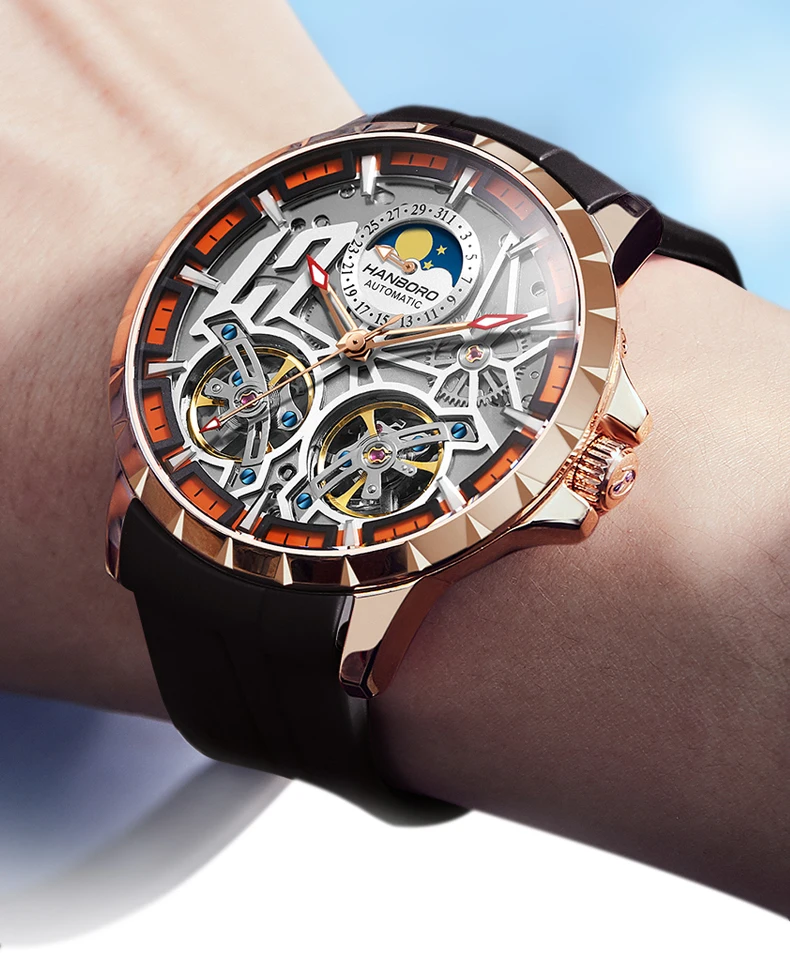 

HANBORO mens watch double flywheels Fashion Automatic watch trend mechanical watches luminous sports man Watch relogio masculino