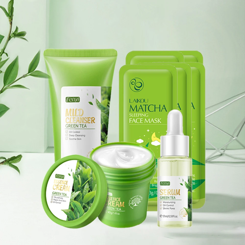 Green Tea Serum Facial Moisturizer Cream Face Cleanser Reduce Acne Repair Sleeping Mask Korean
