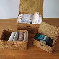 Shelf Baskets with Lid Set of 3 Handwoven Seagrass Storage Box Wicker Basket Desktop Makeup Organizer Multipurpose Container 2