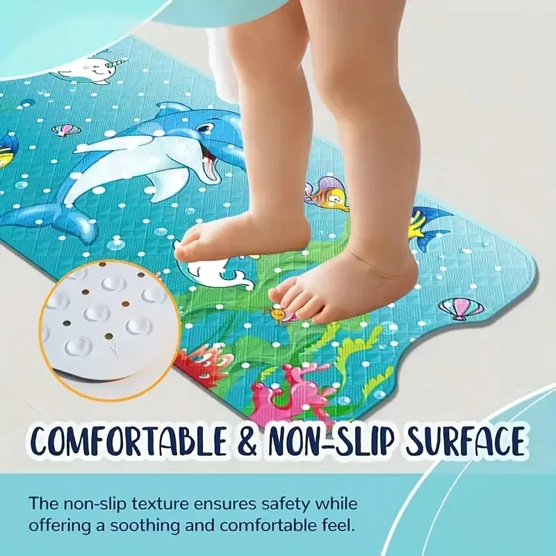 Extra Long Non-Slip Cartoon Bath Mat with Secure Suction Cups & Drain Holes