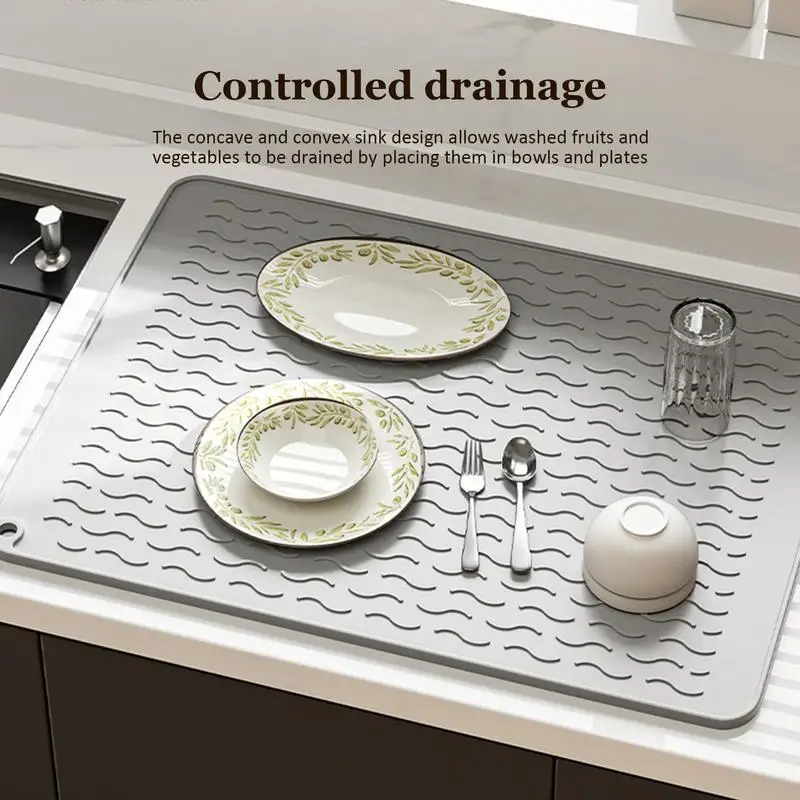 Silicone Dish Drying Mat  40x30cm Heat Resistant Foldable Non-Slip Dish Draining Mat Kitchen Countertop Drip Tray Sink Pad