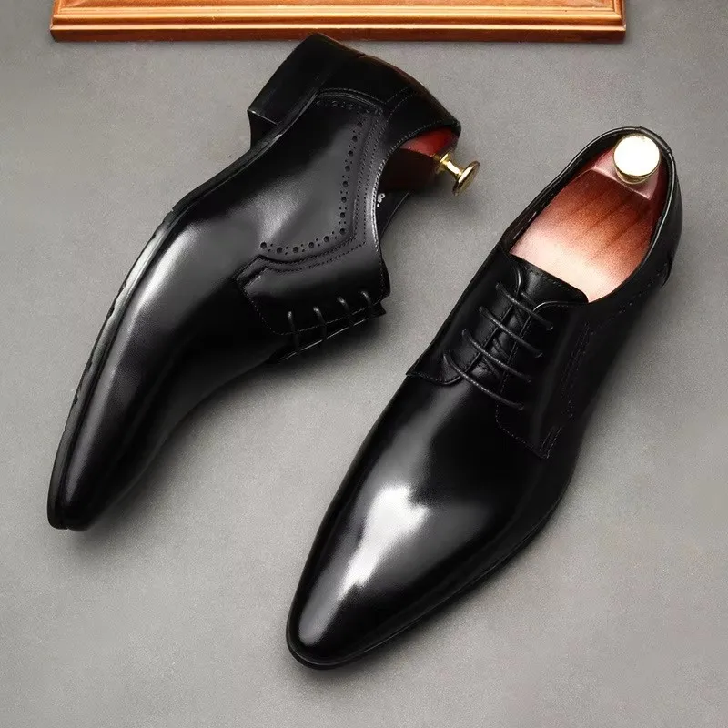 Leather shoes for men, lace up shoes for men, pointy, leather, high-end wedding, dress, Oxford, Lefu shoes, large, British style