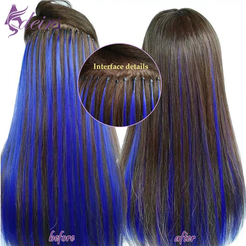 ADEIRS Color I Tip Hair Extensions Real Human Hair Fusion Extensions Color 0.5g/Strand Straight Purple Blue Pink Gray