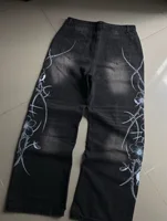 Jean baggy vintage Y2K noir imprimé motif épine, tendance Harajuku, pour hommes et femmes, style streetwear hip-hop décontracté, pantalon large pour couple 2