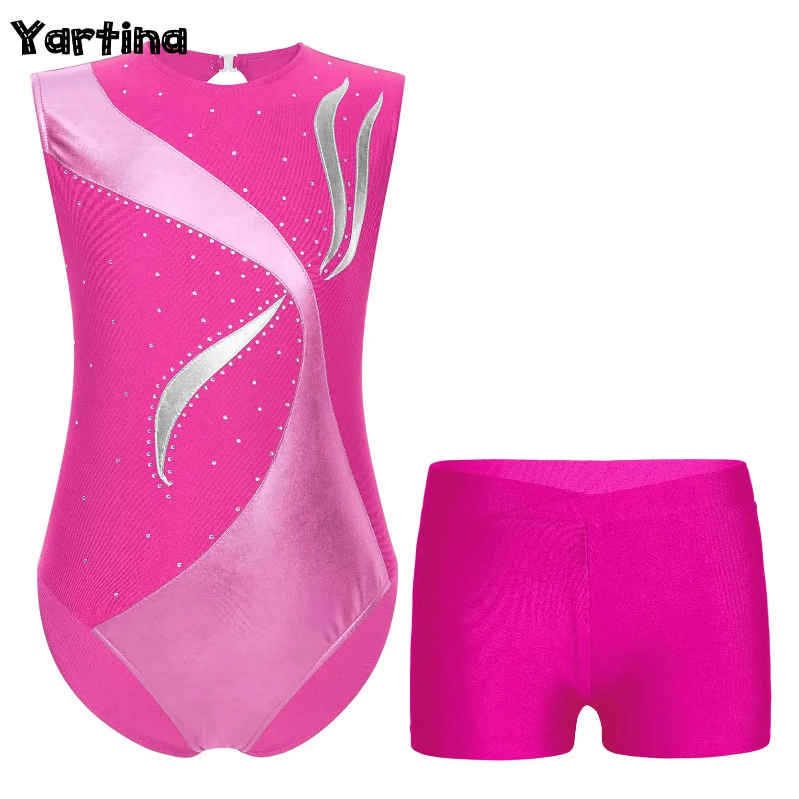 Girls Gymnastics Ballet Jersey Leotard Costume Dance Wear Metallic Shiny Rhinestones Skating Bodysuit with V-front Shorts ballet leotard dance leotard girls dance costumes