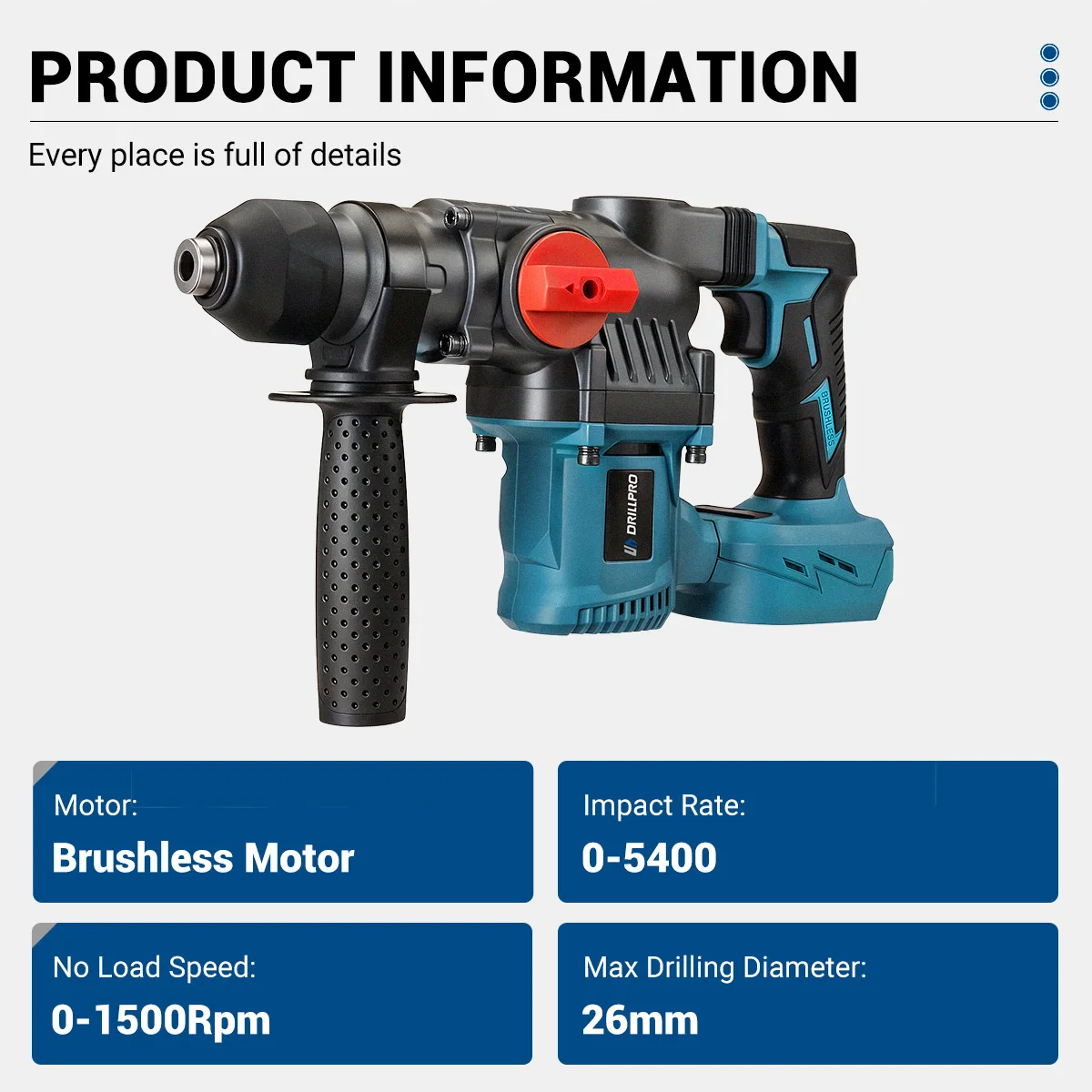 Drillpro 26MM Brushless Electric Hammer Drill Multifunctional Rotary Cordless Rechargeable Power Tools For  18V Battery 2