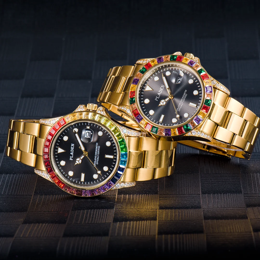 

PLADEN Top Business Watch For Men Automatic Date Luxury Steel Quartz Clock Fashion Rainbow Diamond Gold Wrist Watches Man Reloj