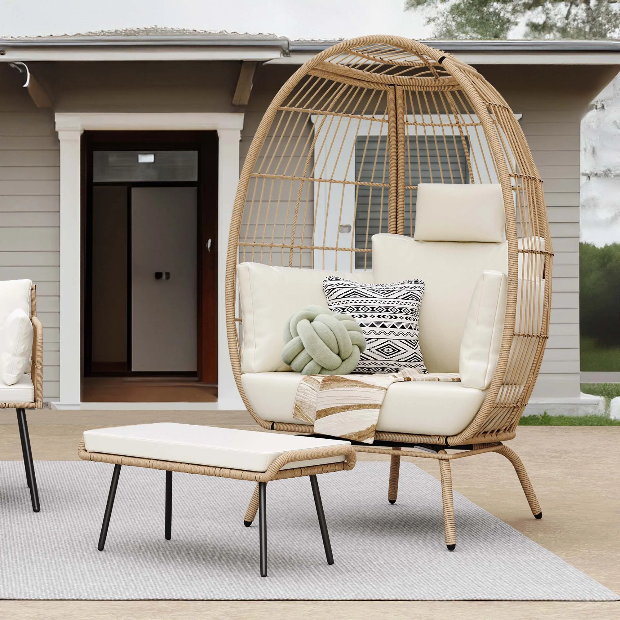 Outdoor Wicker Egg Chair with Ottomans Oversized Egg Basket Lounge Leisure Chair with Stand