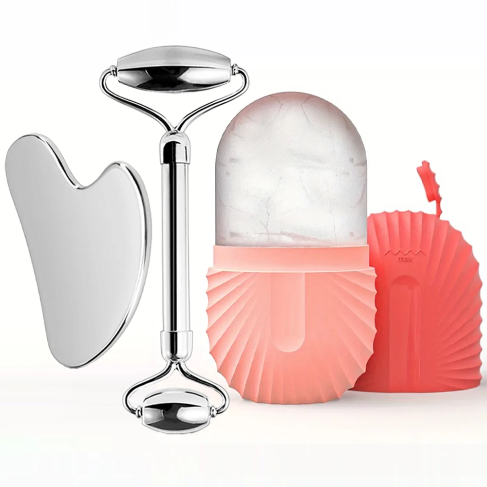 Enhanced Facial Skincare Ice Roller and Gua Sha Set with Stainless Steel Massage Tools