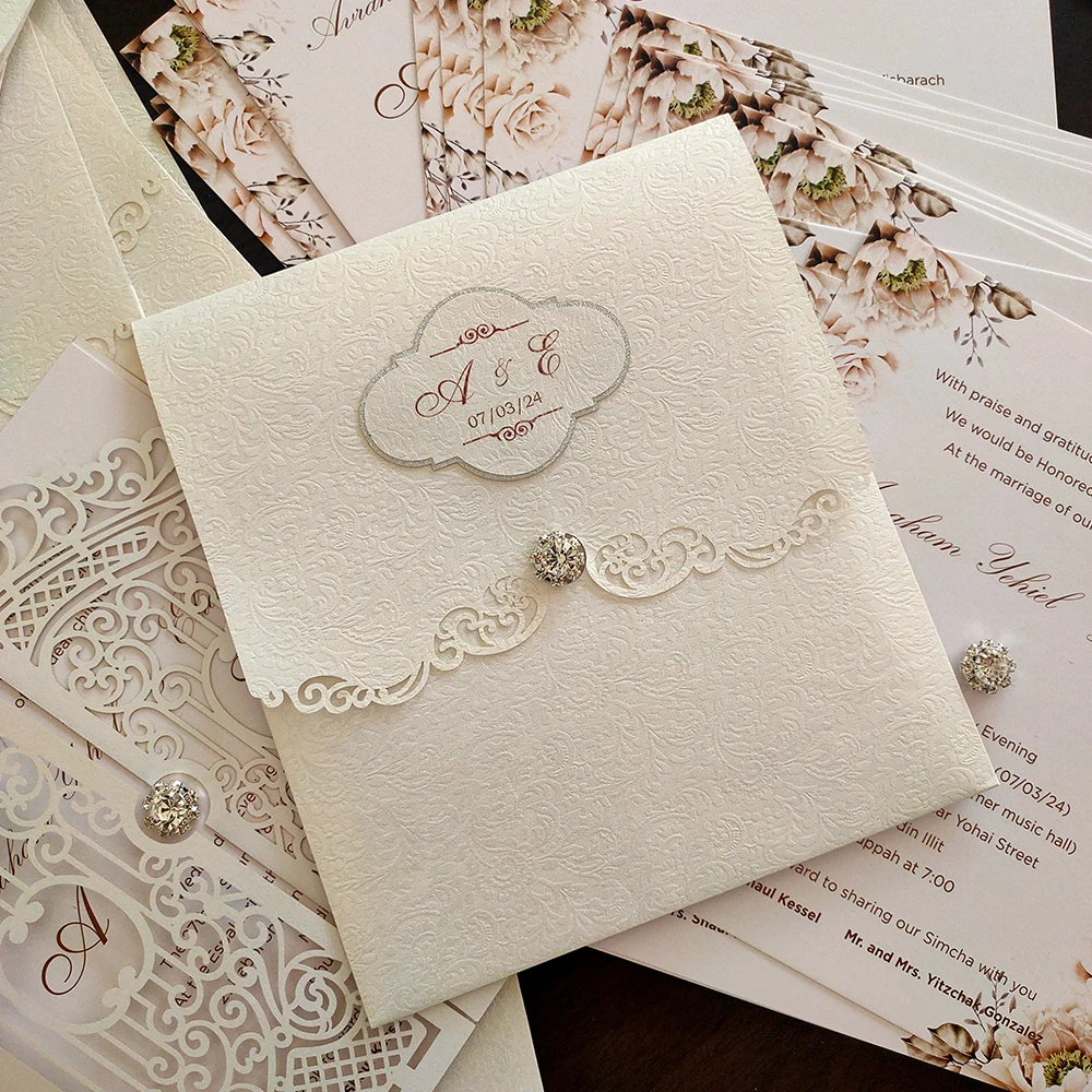 High-end wedding invitation cards with White Textured Envelope with Diamond Buttons