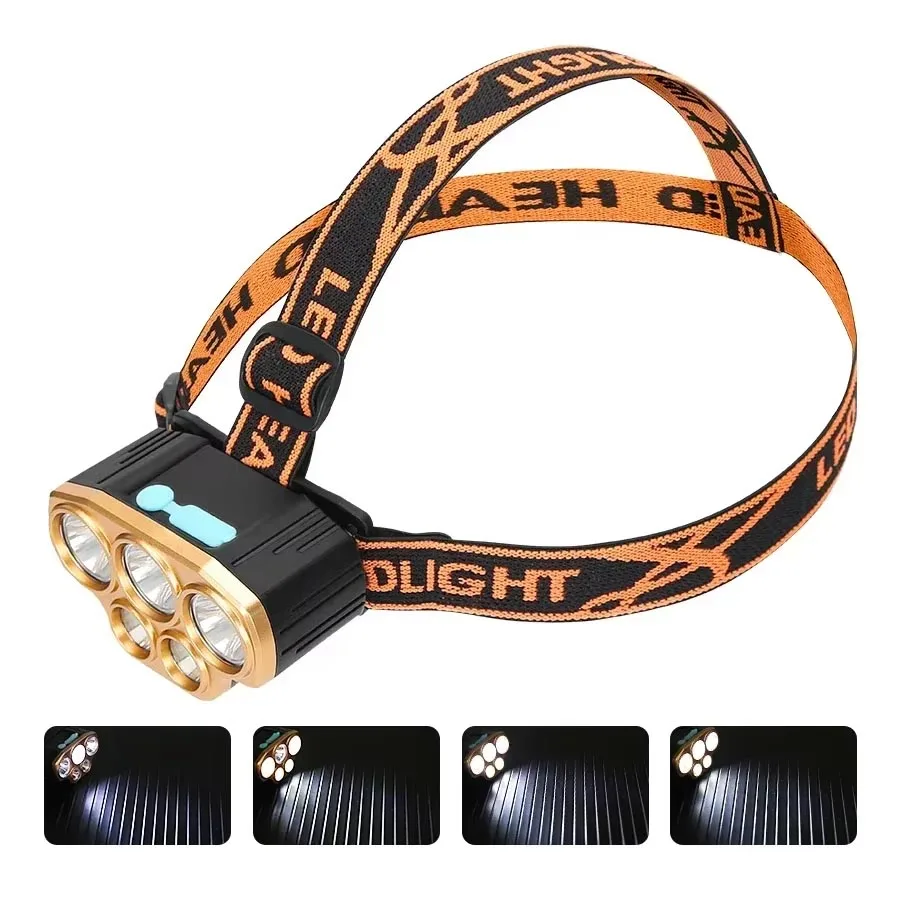 פנס ראש עוצמתי עם 5 נורות LED, נטען ב-USB, פנס ראש לדיג, פנס עמיד למים לציד, קמפינג, ריצה, טיולים רגליים