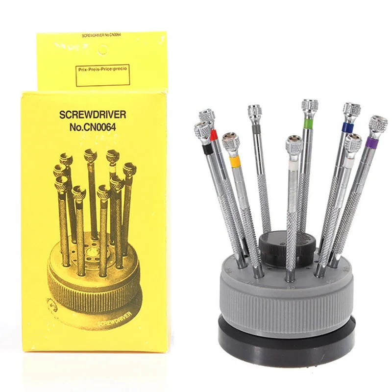 9PCSScrewdriverWatchRepairToolSetScrewdriversRotatingBasePure