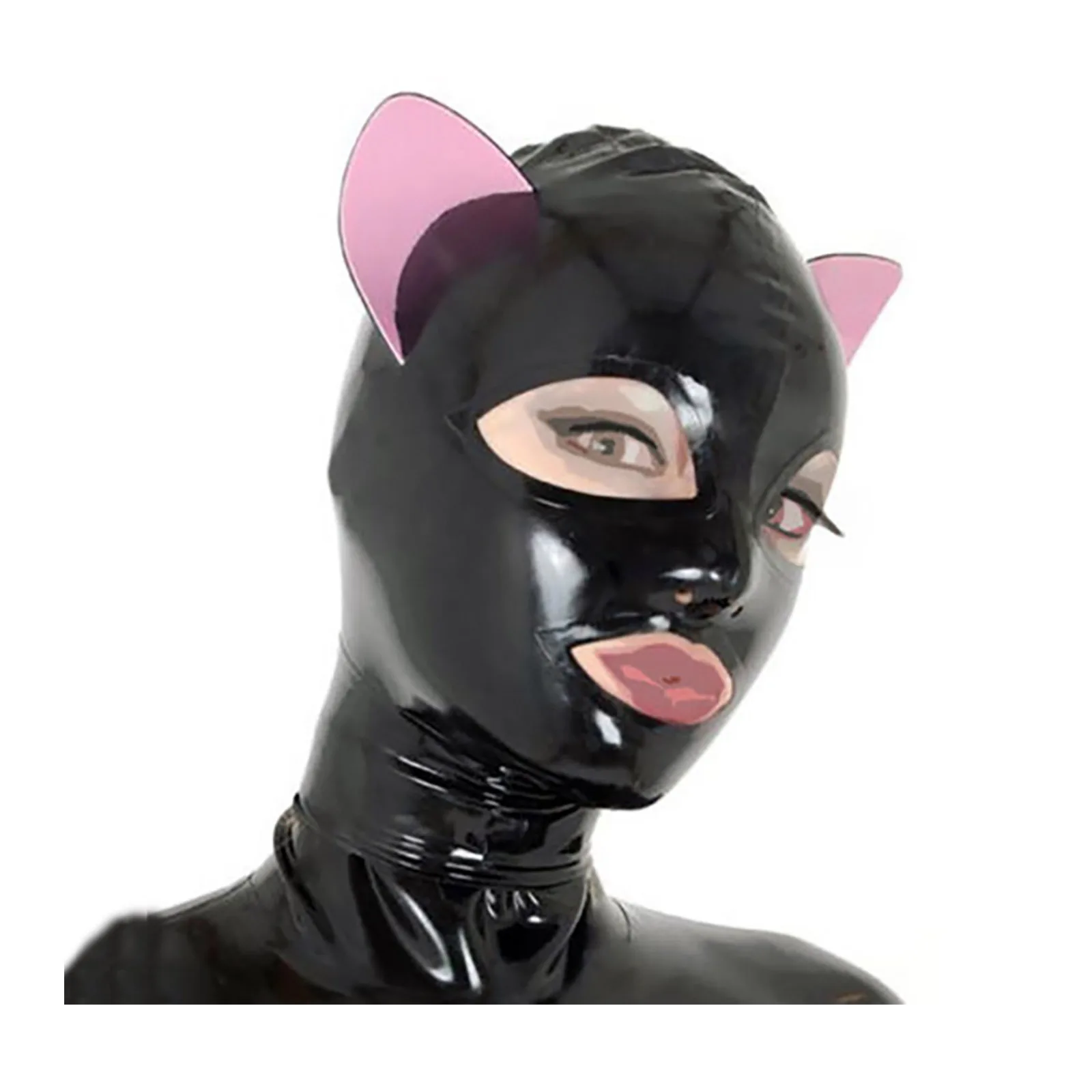 

MONNIK Fashion Latex Mask Sexy Unisex Hood Open Eyes with Pink Ears for Catsuit Cosplay Party Clubwear