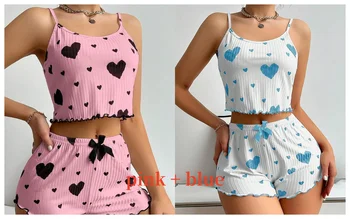 Women's Pajamas Set Sleepwear 2 PCS Short Tank Tops And Shorts S M L White Ventilate Soft Casual Love Printing 13