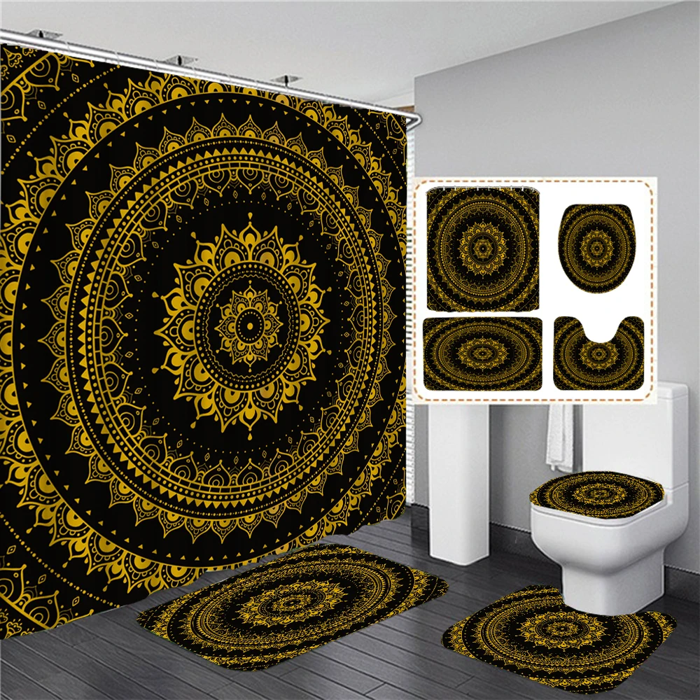 

3D Indian Datura Mandala Printed Waterproof Fabric Bathroom Curtain Shower Curtains Set Anti-skid Rugs Toilet Lid Cover Bath Mat