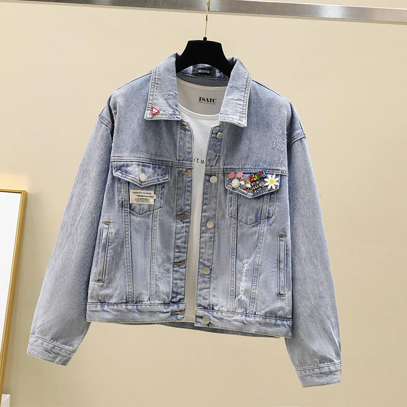 

Куртка женская джинсовая с аппликацией, винтажная Повседневная ковбойская верхняя одежда из денима с большими карманами, свободная короткая потертая в Корейском стиле