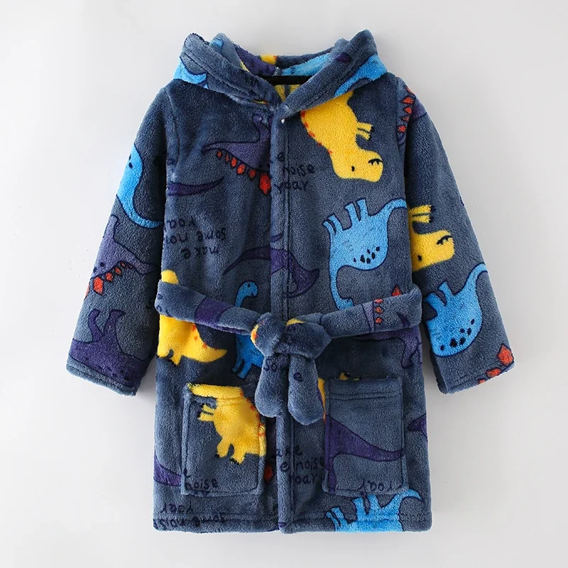 Autumn Spring Kids Hooded Flannel Bathrobe Baby Bath Robes Boys Girls Cute Cartoon Soft Warm Pajamas Long Sleeve