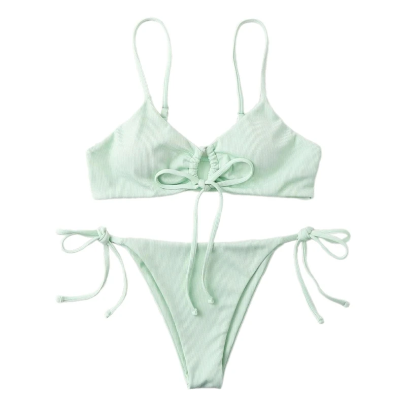 thumbnail image 1 of Conjunto de bikinis de traje de baño para mujer, parte superior de bikinis con cordón y parte inferior lateral con lazo ajustable, conjunto de trajes de baño de dos piezas, 1 of 5