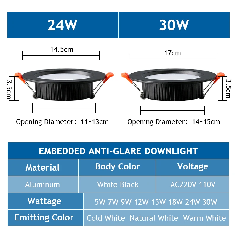 LED Downlight Spot Recessed in LED Ceiling Downlights Light Warm white Lamp 110V 200-240V 5W 7W 9W 12W 15W 18W 24W 220V 230V led ceiling light,led downlight,led spotlight