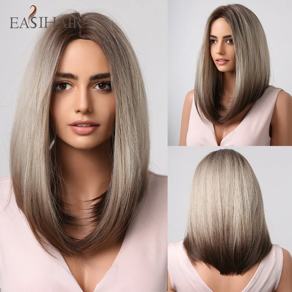 

EASIHAIR Medium Straight Synthetic Wigs Ombre Blonde Brown Middle Part Hair Wig for Women Daily Cosplay Heat Resistant Women Wig
