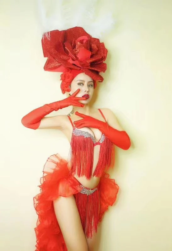 

Red Big Flower Headdress Crystal Fringe Bikini Set Sexy Bar Club Party Dance Team Show Stage Wear Nightclub Women Dance Costume