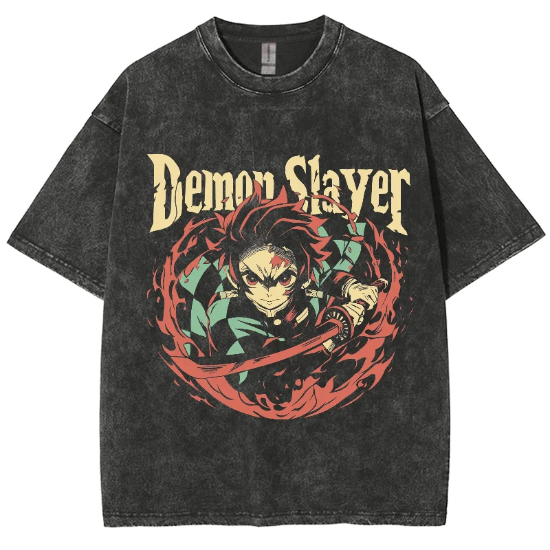 

Anime Demon Slayer Tanjiro Kamado Oversized Washed shirt, Hip hop Streetwear Vintage Washed Short Tshirt For Men Women Y2K