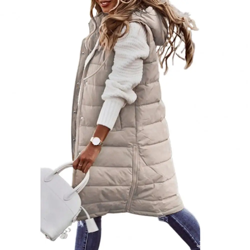 thumbnail image 1 of Chaleco de Invierno para mujer, abrigo de Color sólido acolchado sin mangas con capucha, chaqueta de mujer con cordón, chaleco femenino de longitud media con un solo pecho, 1 of 5