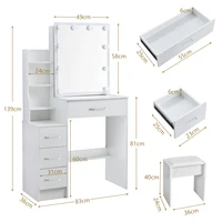 Белый туалетный столик для макияжа с подсветкой, раздвижное зеркало, 4-ящик, туалетный столик, табурет — изображение 6