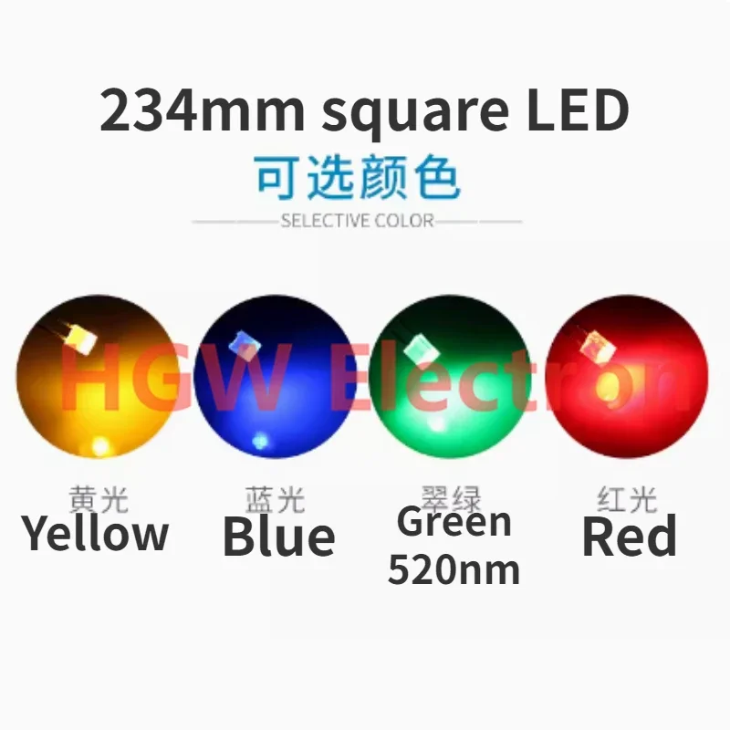 100 pz 234mm quadrato LED DIP 2*3*4mm LED diodo lampada 2 x3x4mm quadrato colloidale rosso verde giallo indicatore luminoso LED 2 pin piedi corti