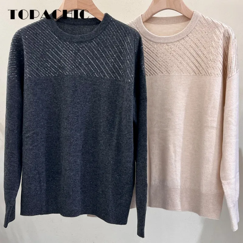 

9.13 TOPACHIC Women's Heavy Industry Sequins Embroidery Striped Long Sleeve Knit Cashmere Sweater
