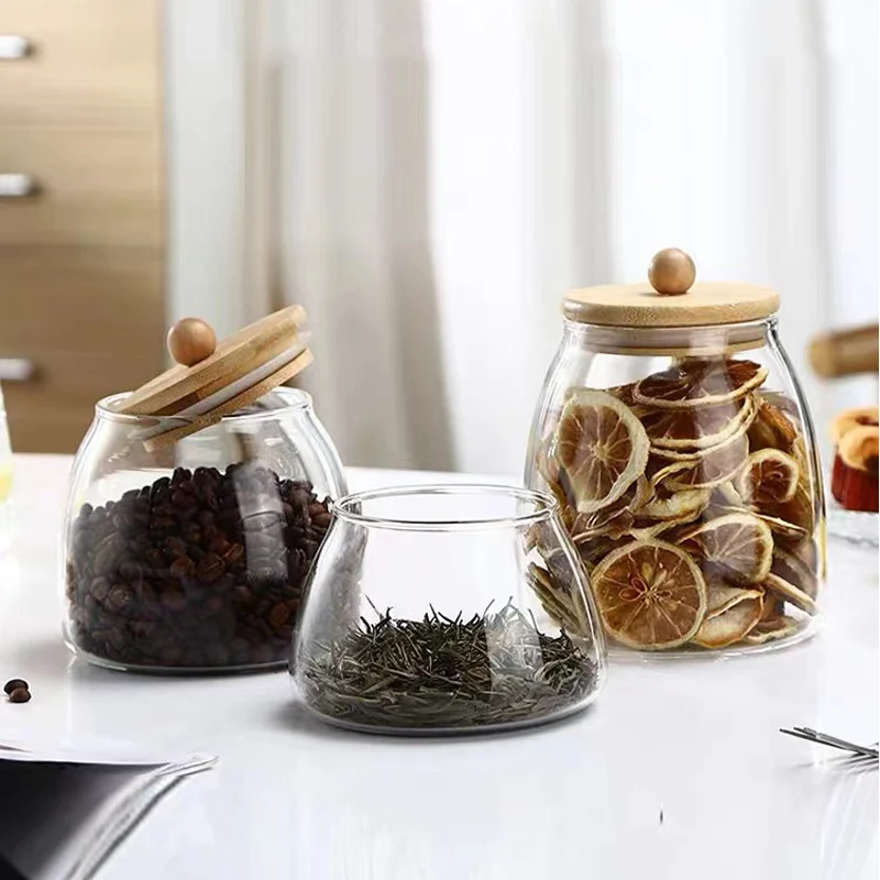Wooden Lid Glass Sealed Jar Food Container Tea candy Kitchen Storage Bottle Jar Large Capacity Sealed For Kitchen Organizer Tool Storage Jar