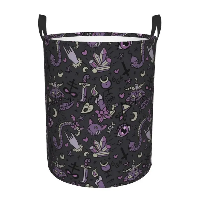 Cute Gray Purple Black Magic Goth Spooky Foldable Oxford Laundry Hamper Waterproof Laundry Basket Toys Clothes Organizer Bin