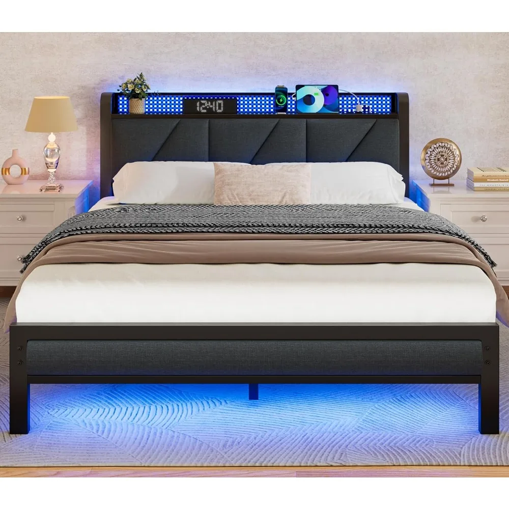 

Full Bed Frame with LED Lights,Headboard with Charging Station and USB Port,Upholstered Platform Bedframe Metal Bed Bases