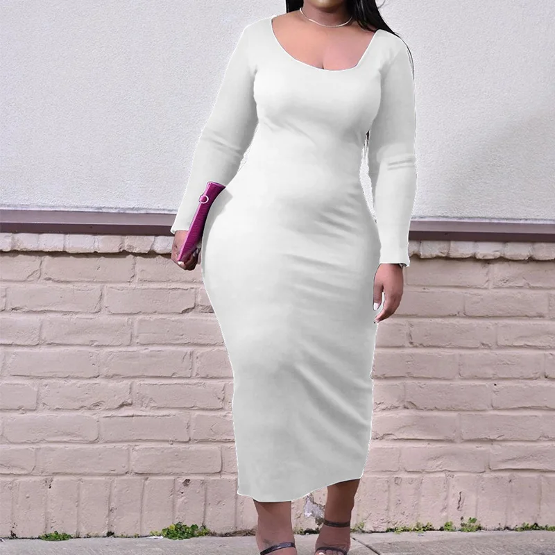 2022 Casual Fashion Solid Color U Neck Woven Long Sleeve Slim Ankle Dresses Spring Autumn Sexy Plus Size Female Clothing 5XL